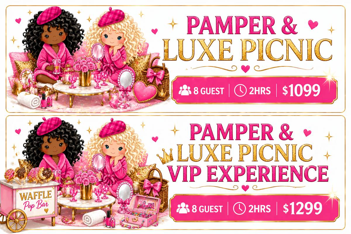 Pamper and Luxe Picnic spa party and luxury picnic birthday party pricing for girls with Party Princess Spa Bus and picnic setup