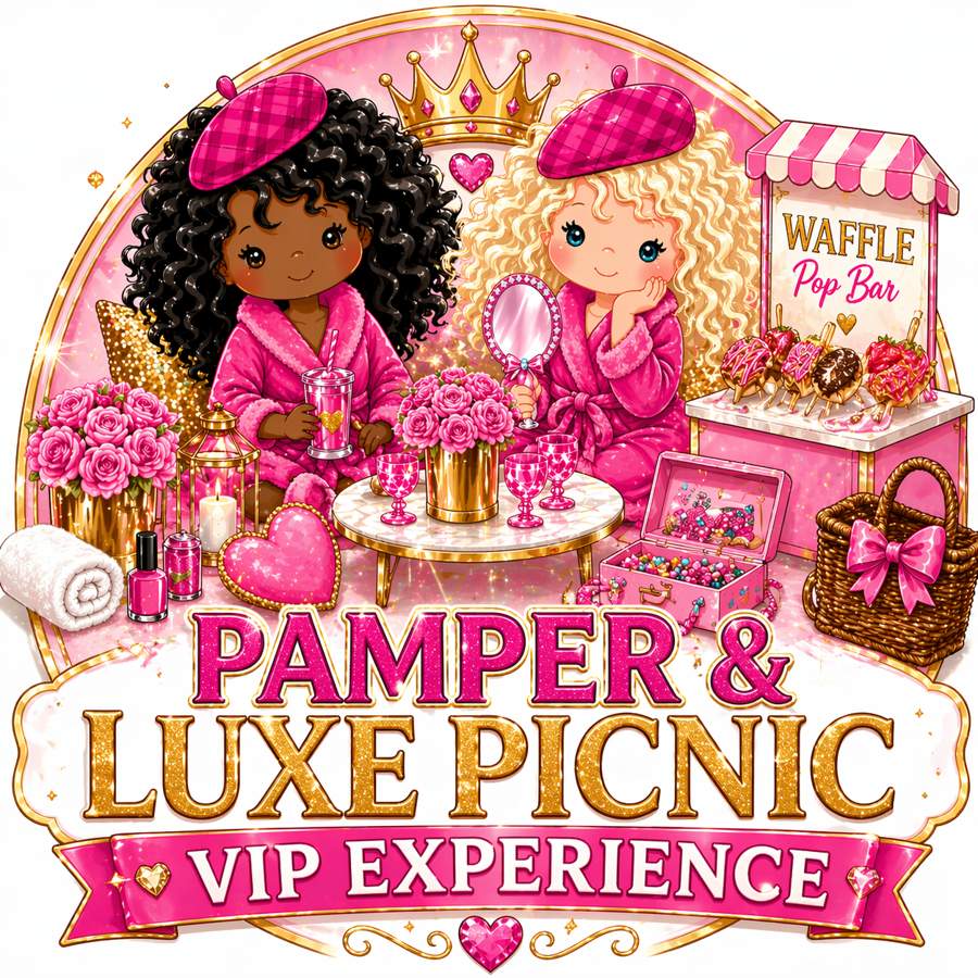 Pamper and Luxe Picnic VIP experience spa party and luxury picnic birthday party for girls with waffle treat bar and keepsake crafts