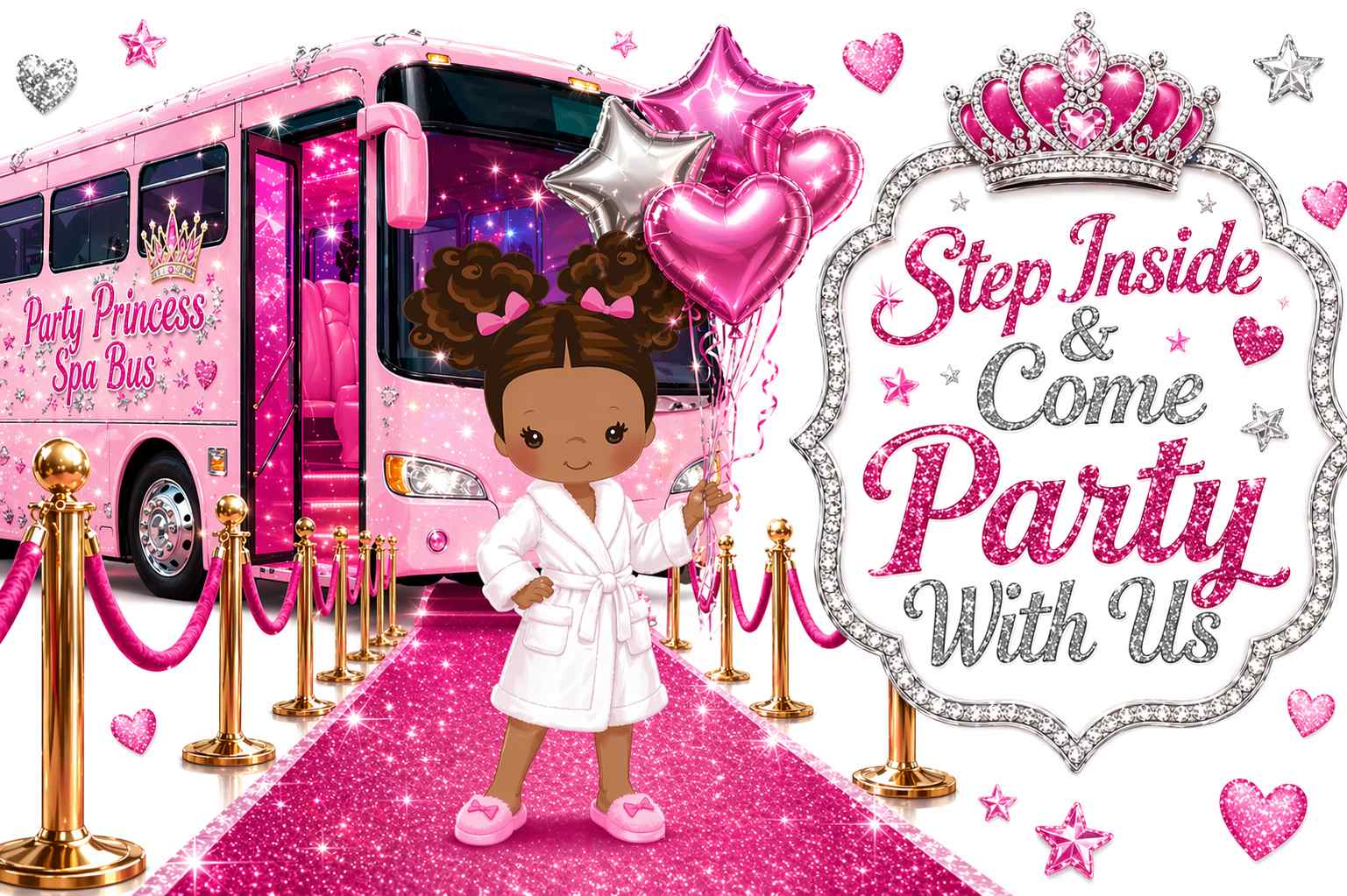 girls spa party bus tour in Atlanta with luxury pink Party Princess spa bus, VIP pink carpet entrance, balloons and glam birthday party experience