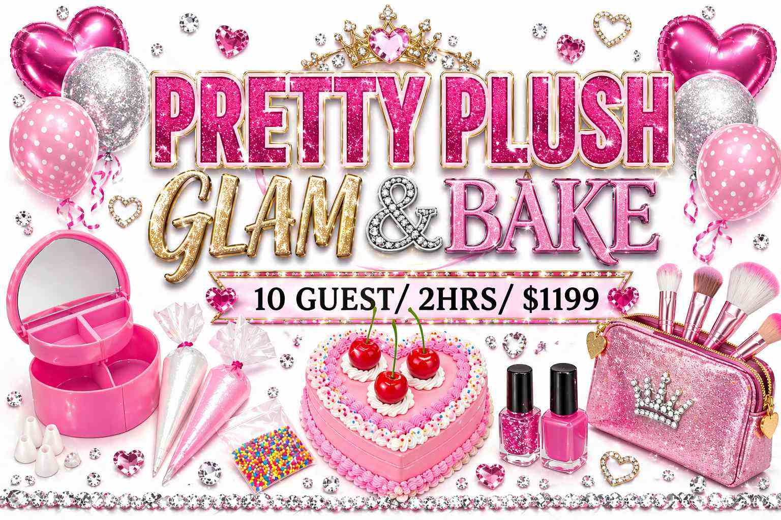 tween glam and bake birthday party pricing on Pretty Plush Glam Bus with cosmetic bag decorating craft experience