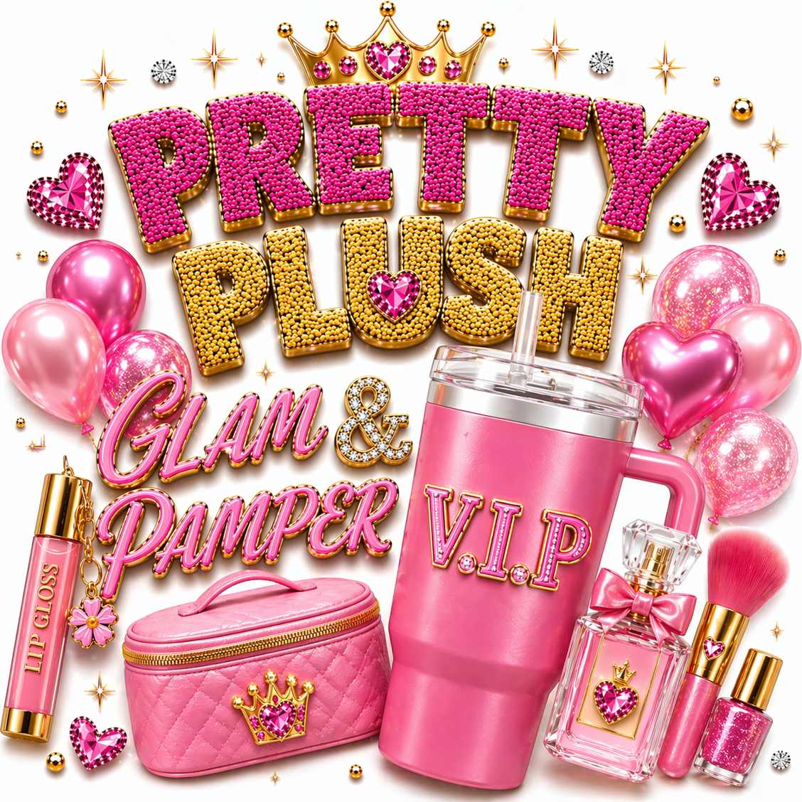 glam and pamper VIP upgrade icon with cosmetic bag and custom tumbler decorating experience for tween girls on Pretty Plush Glam Bus