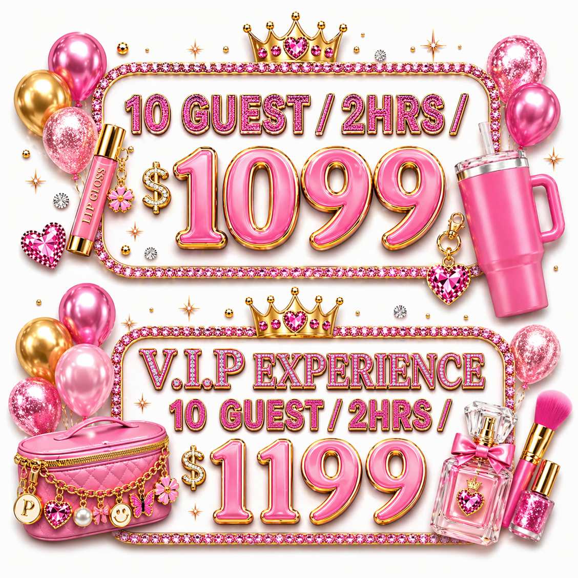 Pretty Plush Glam Bus glam and pamper party pricing for tweens with spa treatments, makeup and cosmetic bag decorating craft experience