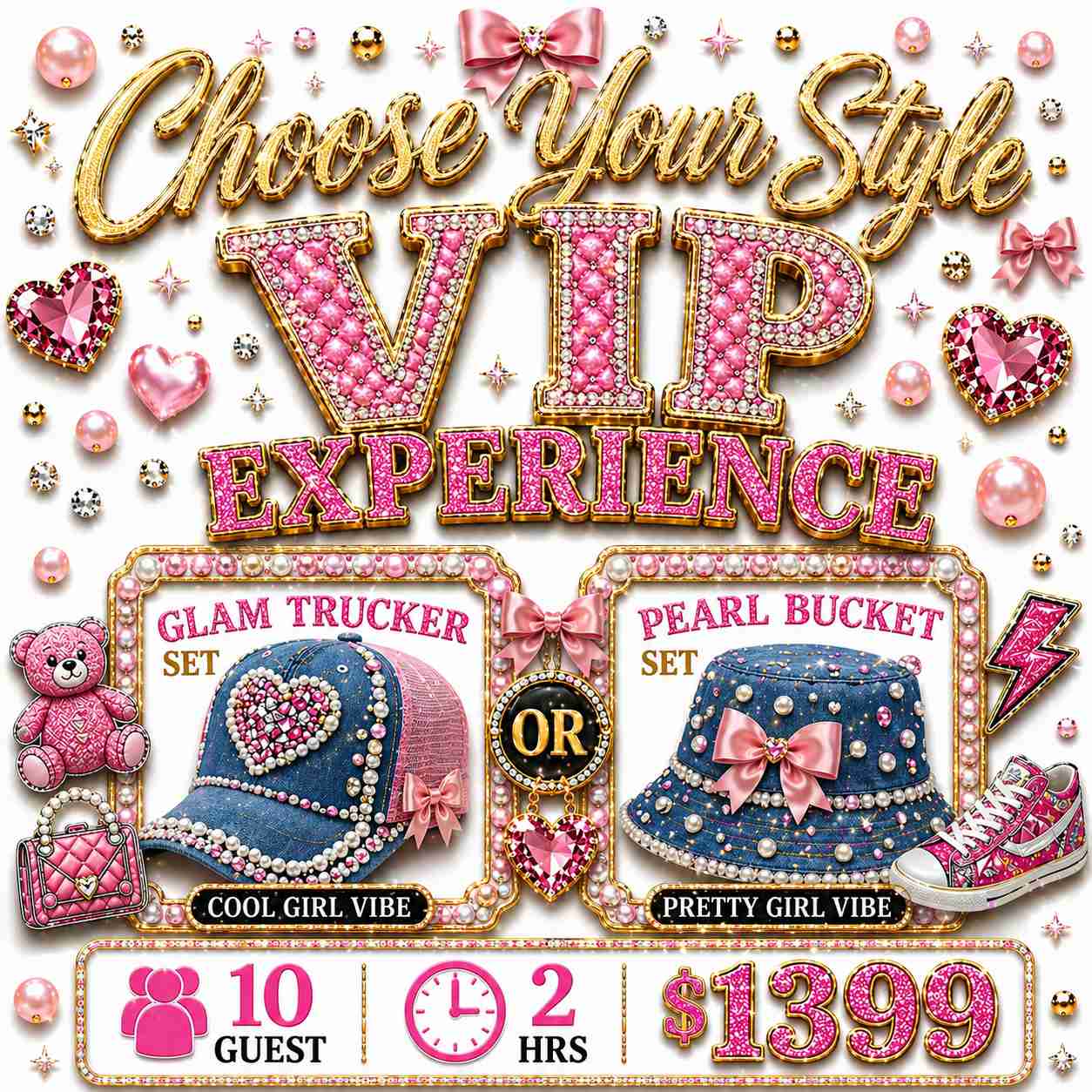 Pretty Plush Glam Bus choose your style VIP party pricing for tweens with denim jacket and hat decorating experience