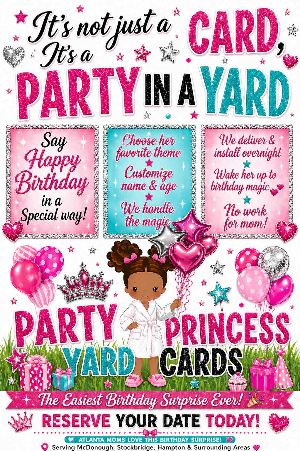custom birthday yard sign for girls in Henry County GA with personalized name and age party yard card setup